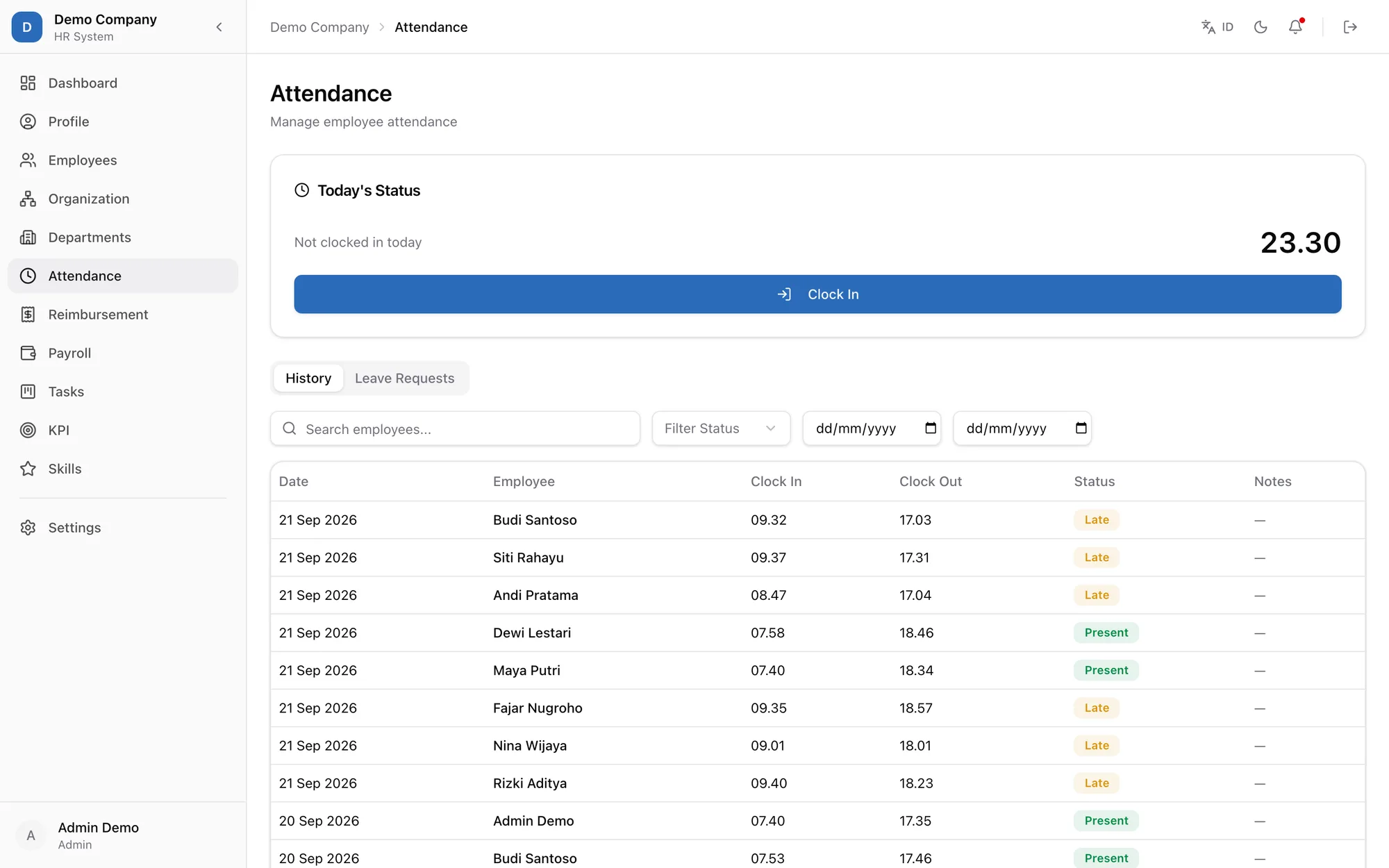 Attendance — one-tap clock in, with late arrivals flagged automatically