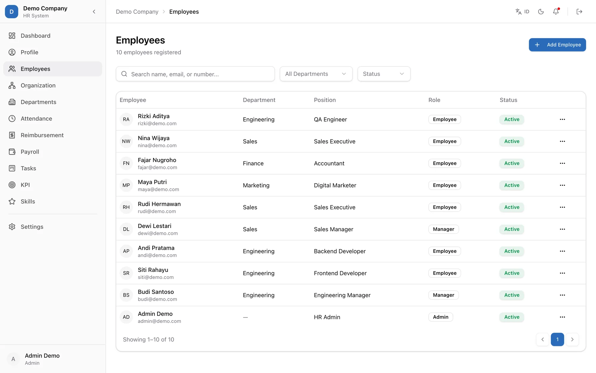 Employee directory with department, position and role